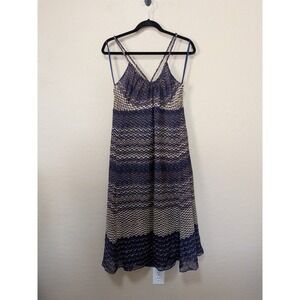 Banana Republic Navy Blue Silk Chevron Zigzag Midi Dress Braided Straps Size 16